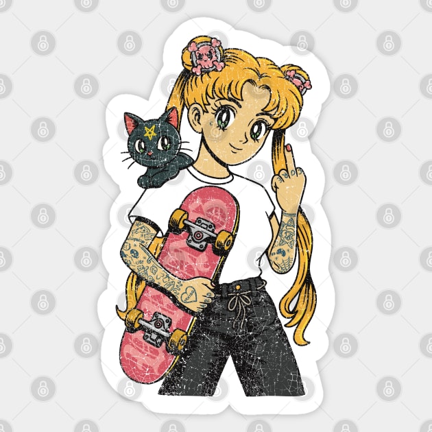Skater Sailor From Hell – Edgy Anime Skateboard Girl Sticker by Wrongteeshirt